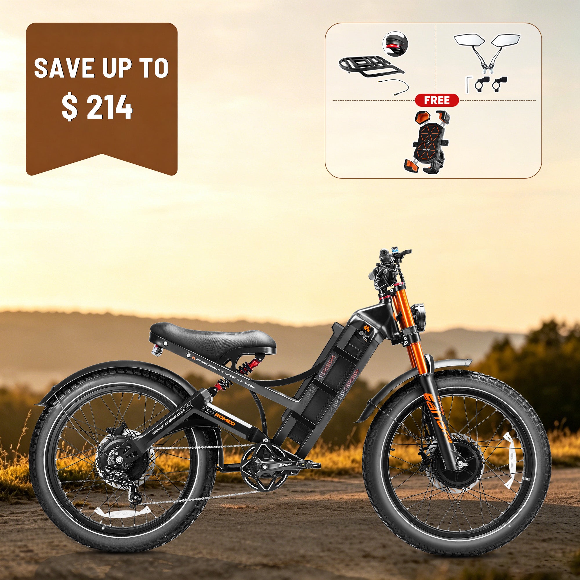 electric bicycle with motor Eahora Romeo II Electric Bike 28Mph 20" 52V 2500W AWD Full Suspension