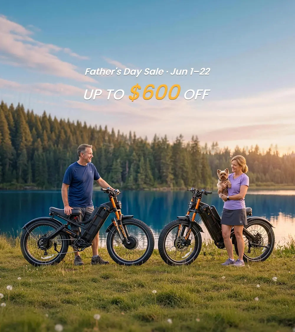 Couple with Eahora Romeo Ultra II electric bikes near a lake