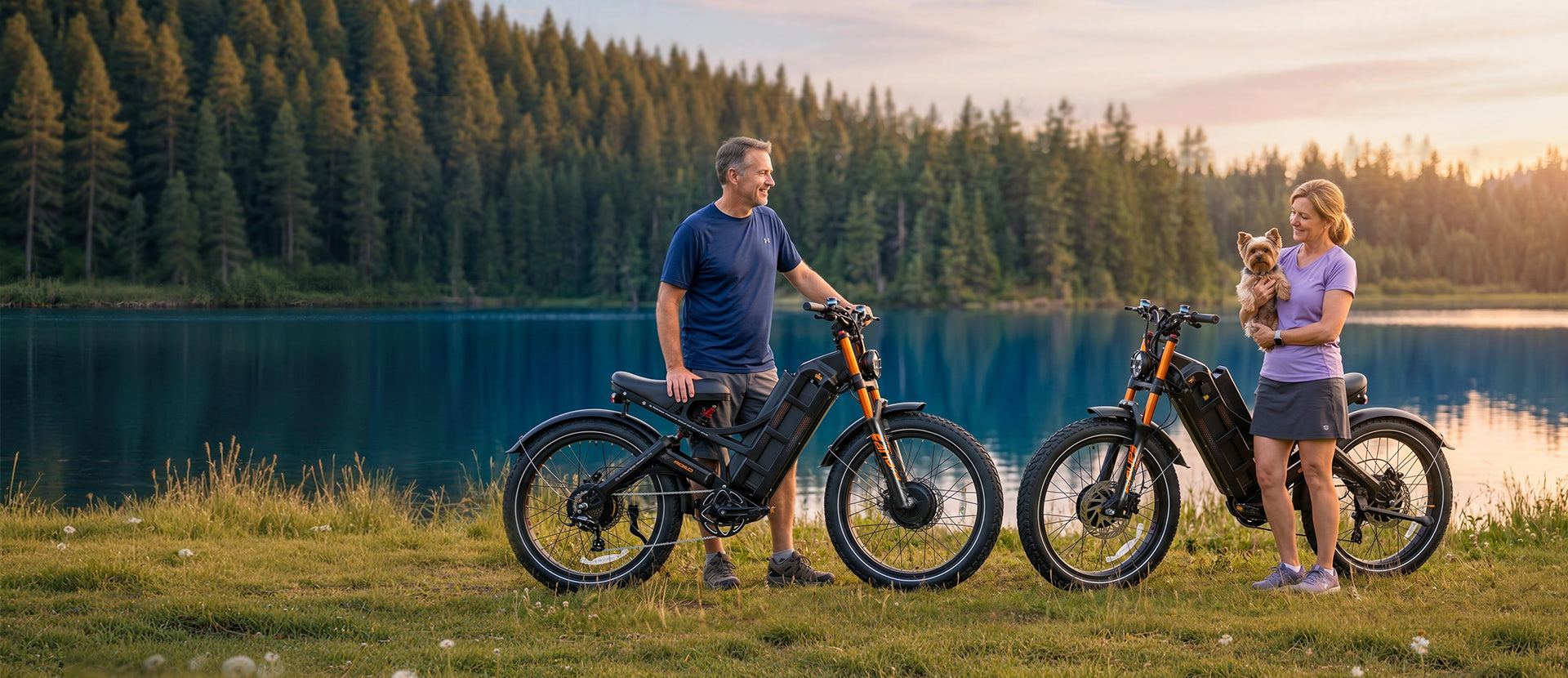Parents with E-bikes Eahora Romeo Ultra II by a lake, promotional text for Father's Day sale.
