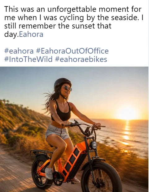 A woman rides an orange and black electric bicycle along a coastal path at sunset, with ocean water and shoreline in the background. Text above reads, 'This was an unforgettable moment for me when I was cycling by the seaside.