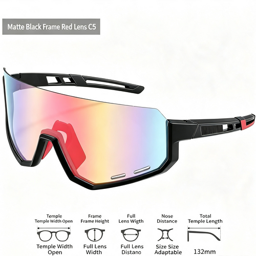 Matte black sports sunglasses with a red lens, shown on a white background with dimension diagrams and text detailing measurements for temple width, lens width, and temple length.