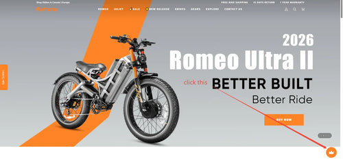 A promotional website banner for a 2026 Romeo Ultra II electric bicycle, showing the bike on a gray background with orange graphic stripes and large marketing text including 'BETTER BUILT Better Ride' and an orange 'BUY NOW' button.
