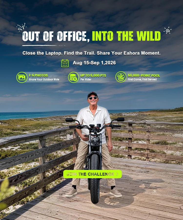 A promotional outdoor graphic with a man standing on a wooden boardwalk in front of a beach and ocean, holding a bicycle. Large text reads 'OUT OF OFFICE, INTO THE WILD' with smaller copy below and three feature icons above.
