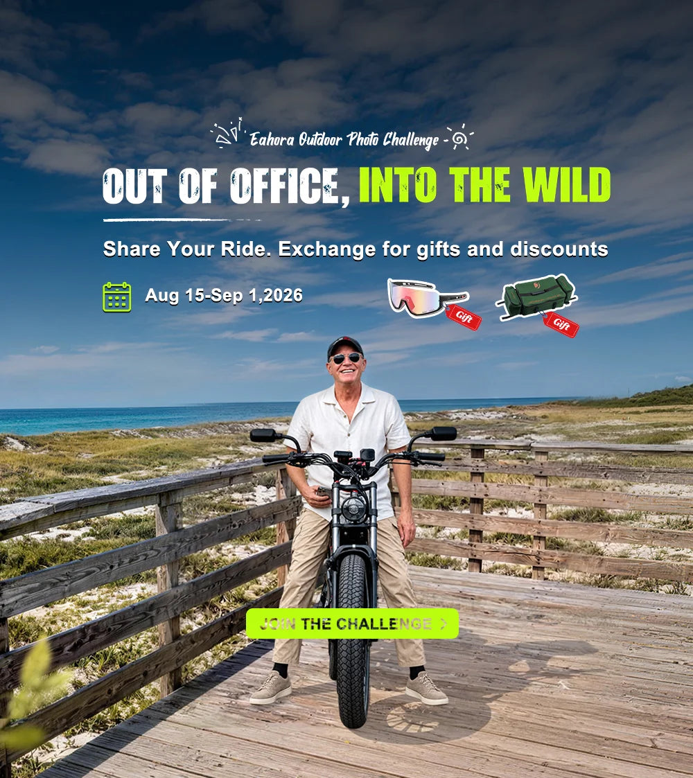 A promotional outdoor graphic with a man standing on a wooden boardwalk beside a beach, holding a bicycle. Large text reads 'Out of Office, Into the Wild' with smaller text about sharing rides and exchanging for gifts and discounts, plus dates and small icons for goggles, a helmet, and a backpack.